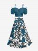Flowers Leaf Print Split Hawaii Skirt - Paon Bleu 2X