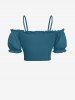 Cinched Ruched Ruffles Cold Shoulder Cami Top -  