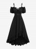 Plus Size Cinched Ruched Ruffles Cold Shoulder Puff Sleeve Textured A Line Vintage Dress -  
