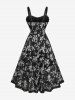 Plus Size Flower Print Flocking Lace Up A Line Dress - Noir 4X | US 26-28