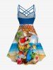 Plus Size Tropical Leaf Flower Parrot Flamingo Sea Print Hawaii Ruched Crisscross A Line Dress -  
