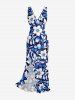 Flowers Leaf Print Hawaii Ruffles Split Surplice Dress - Bleu profond XS