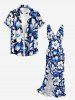 Flowers Leaf Print Hawaii Ruffles Split Surplice Dress - Bleu profond XS