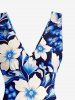 Flowers Leaf Print Hawaii Ruffles Split Surplice Dress - Bleu profond XS