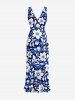 Flowers Leaf Print Hawaii Ruffles Split Surplice Dress - Bleu profond XS
