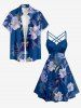 Flowers Leaf Print Ruched Lattice Crisscross Straps Hawaii Dress - Bleu XS