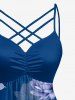 Flowers Leaf Print Ruched Lattice Crisscross Straps Hawaii Dress - Bleu XS