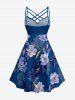 Flowers Leaf Print Ruched Lattice Crisscross Straps Hawaii Dress - Bleu XS