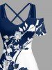 Plus Size Rose Flower Colorblock Print Cold Shoulder Crisscross Hawaii Maxi Dress - Bleu profond 3X