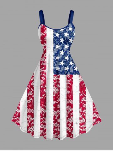 Plus Size Patriotic American Flag Lace 3D Print Tank Dress - BLUE - L