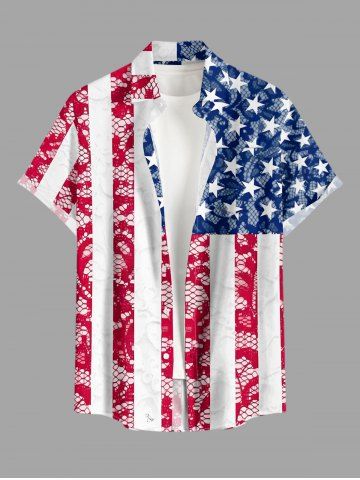 Plus Size Patriotic American Flag Lace 3D Print Buttons Pocket Shirt For Men - BLUE - 4XL