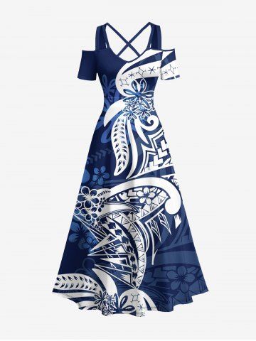 Plus Size Flower Leaf Print Cold Shoulder Crisscross Hawaii Maxi Dress - DEEP BLUE - XXS