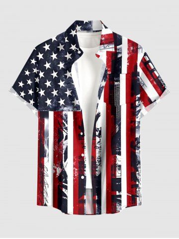 Plus Size Patriotic American Flag Print Button Pocket Shirt For Men
