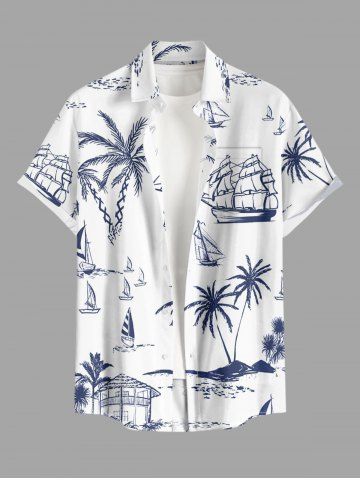 Plus Size Coconut Tree Sailboat Print Buttons Pocket Hawaii Shirt For Men - WHITE - 6XL