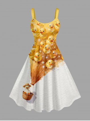 Plus Size Ducks Hot Air Balloon Glitter 3D Print Hawaii Tank Dress - YELLOW - L