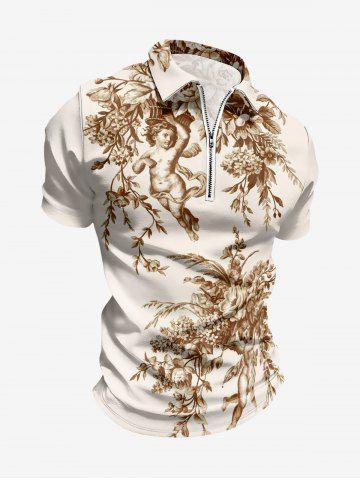 Plus Size Angel Flower Leaf Branch Print Zipper Polo Shirt For Men - BROWN - 6XL