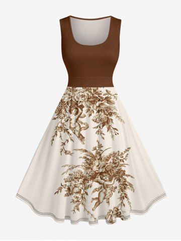 Plus Size Angel Flower Leaf Branch Print Swing A Line Dress - BROWN - L