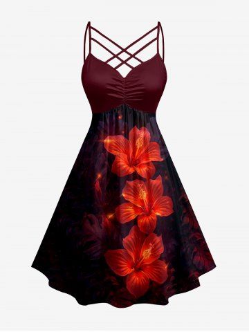 Plus Size Glitter Hibiscus Flower Print Hawaii Ruched Crisscross A Line Dress - DEEP RED - S