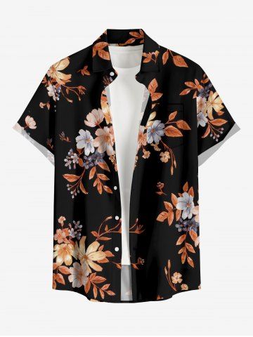 Plus Size Flower Leaf Branch Print Hawaii Button Pocket Shirt For Men - BLACK - 2XL