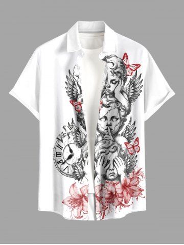Angel Clock Butterfly Flower Print Button Pocket Shirt For Men - WHITE - 6XL