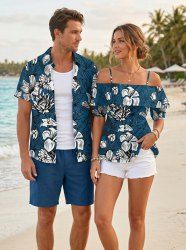 Flowers Leaf Print Matching Hawaii Beach Outfit For Couples -  