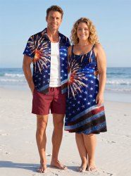 Patriotic American Flag Fireworks Print Matching Outfit For Couples -  