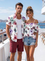 Flower Leaf Branch Print Plus Size Matching Hawaii Beach Outfit For Couples -  