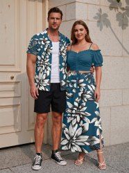 Flowers Leaf Print Matching Hawaii Beach Outfit For Couples - Paon Bleu 