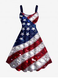 Plus Size Patriotic American Flag Sparkling Sequin 3D Print Tank Dress - Bleu XS