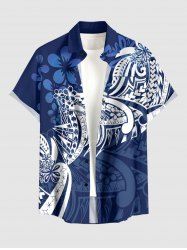 Flower Leaf Print Buttons Pocket Hawaii Shirt For Men - Bleu profond M
