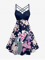 Flowers Leaf Print Ruched Lattice Crisscross Straps Hawaii Dress - Bleu profond XS
