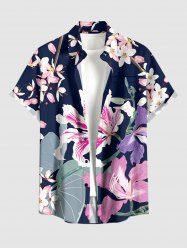 Flowers Leaf Print Buttons Pocket Hawaii Shirt For Men - Bleu profond M