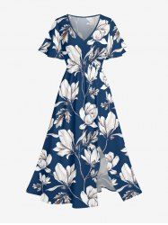 Flowers Leaf Print Split Hawaii Midi Dress -  