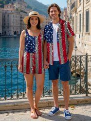Matching Shirt and Romper Plus Size Outfit Glitter Sequins Patriotic American Flag Print For Couples -  