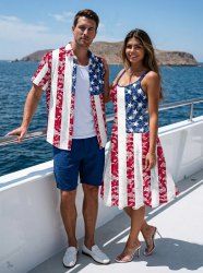 Patriotic American Flag Lace 3D Print Plus Size Matching Outfit For Couples -  