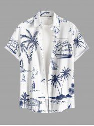 Plus Size Coconut Tree Sailboat Print Buttons Pocket Hawaii Shirt For Men - Blanc L