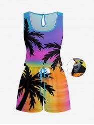 Plus Size Coconut Tree Sun Ombre Print Cinched Hawaii Romper -  