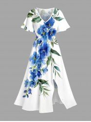 Plus Size Flowers Leaf Print Split Hawaii Midi Dress - Blanc XXS