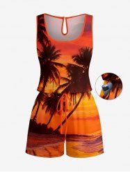 Coconut Tree Ombre Dusk Print Hawaii Drawstring Pocket Romper -  