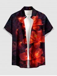 Plus Size Glitter Hibiscus Flower Print Hawaii Button Pocket Shirt For Men - Rouge foncé 2XL