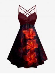 Glitter Hibiscus Flower Print Hawaii Ruched Crisscross A Line Dress - Rouge foncé 6X