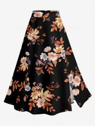 Flower Leaf Branch Print Hawaii Split A Line Skirt -  