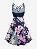 Flowers Leaf Print Ruched Lattice Crisscross Straps Hawaii Dress - Bleu profond XS