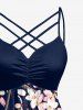 Flowers Leaf Print Ruched Lattice Crisscross Straps Hawaii Dress - Bleu profond XS