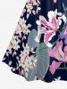 Flowers Leaf Print Ruched Lattice Crisscross Straps Hawaii Dress - Bleu profond XS
