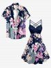 Flowers Leaf Print Ruched Lattice Crisscross Straps Hawaii Dress - Bleu profond XS