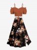 Flower Leaf Branch Print Hawaii Split A Line Skirt -  
