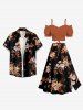 Flower Leaf Branch Print Hawaii Split A Line Skirt -  