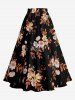 Flower Leaf Branch Print Hawaii Split A Line Skirt - Noir 5X