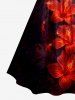 Glitter Hibiscus Flower Print Hawaii Ruched Crisscross A Line Dress - Rouge foncé 6X